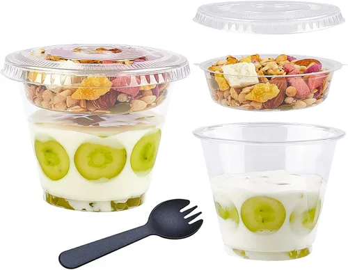 TOFLEN Vasos de plástico transparente para yogur y parfait con tapas, desechables para llevar, tazas de cereales para desayuno, aperitivos, frutas,