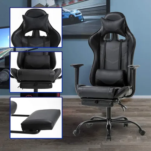 Miniatura 7 de Silla ideal para oficina, para jugar en línea, ergonómica, giratoria, respaldo alto, silla de carrera, con reposapiés, soporte lumbar y reposacabezas