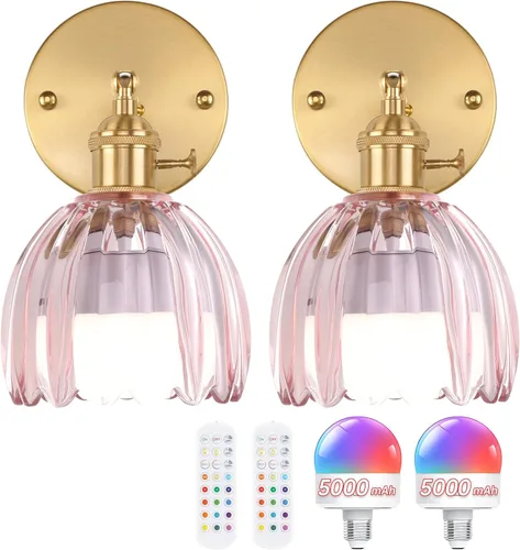Miniatura 10 de Shenmoyl Aplique de Pared Vintage Operado por Batería con Linda Campana de Vidrio Tulipán Verde, Recargable Inalámbrica, Luz de Pared con Control