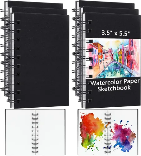 6 cuadernos de bocetos de papel de acuarela de 3.5 x 5.5 pulgadas, 24 hojas, mini diario de bolsillo, 140 libras, prensa en frío, libro de pintura