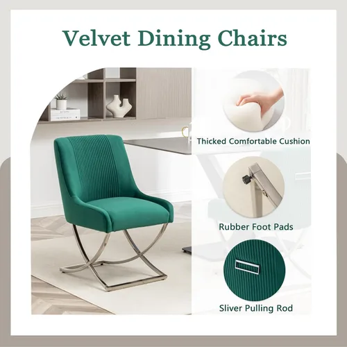 Miniatura 6 de Juego de 2 sillas de cocina y comedor, de terciopelo tapizado moderno, sillas de metal copetudas contemporáneas con patas plateadas en forma de X