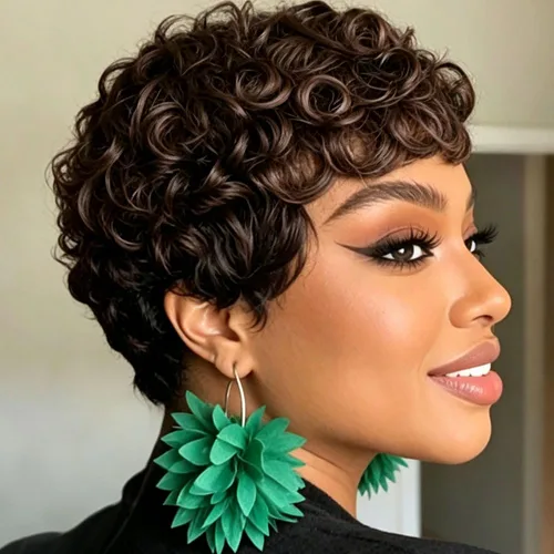 Miniatura 2 de MOONSHOW Pelucas cortas de corte Pixie para mujeres negras, pelucas cortas Pixie negras naturales para mujeres negras, peluca sintética rizada