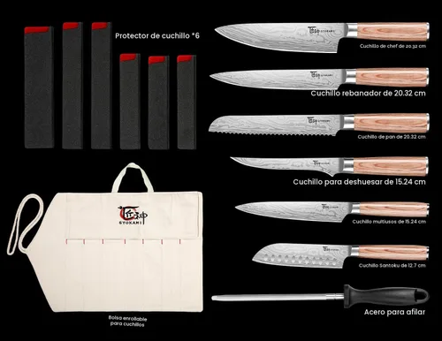 Miniatura 5 de SYOKAMI Juego de cuchillos de chef de 14 piezas con bolsa enrollable, juego de cuchillos japoneses profesionales de acero inoxidable con mango