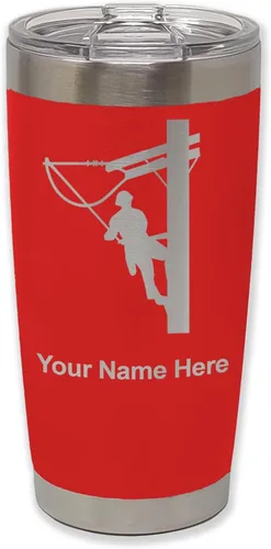 Miniatura 27 de LaserGram Taza aislada al vacío de 20 onzas, Lineman, grabado personalizado incluido (negro)