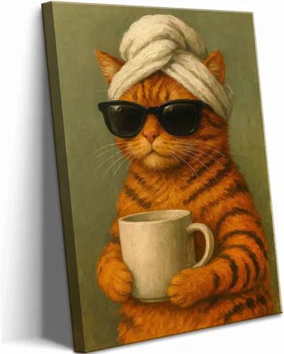 Miniatura 11 de Lienzo de paisaje victoriano OVNI para pared, diseño divertido de alienígena montando un gato, cuadros eclécticos de gato, póster impreso