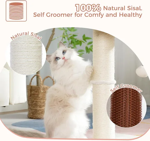 Miniatura 6 de Torre de árbol para gatos grandes, poste rascador para gatos con auto peluquero para gatos, cama superior de 20 x 15.7 pulgadas de ancho, poste Beige