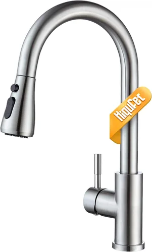 Hiqufet Grifo de cocina con rociador extraíble, grifo de fregadero de cocina de arco alto de una sola manija, grifos modernos de acero inoxidable