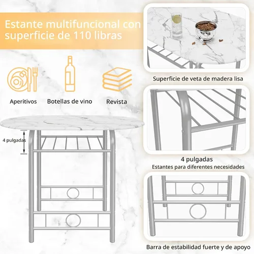 Miniatura 3 de JUMMICO Juego de Mesa Redonda y Sillas de Madera de 3 Piezas, Ahorro de Espacio Desayunador de Cocina Superficie de Veta de Madera con Marco