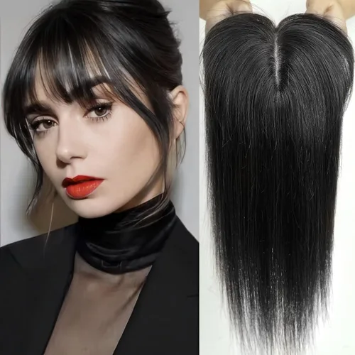 Miniatura 13 de HAIRCUBE Pelucas de cabello humano 100% con flequillo, densidad 150%, base de seda, clip en la parte superior, pelucas de cabello superior