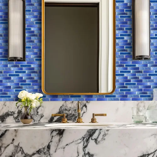 Miniatura 3 de Blujellyfish Caja de azulejos de porcelana de vidrio azul de 5 pies cuadrados, azulejos iridiscentes de cielo estrellado para piscina, cocina, baño