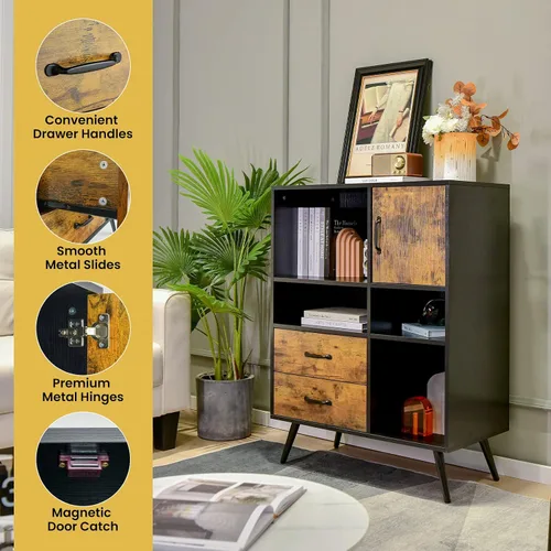 Miniatura 6 de Giantex Armario de buffet con almacenamiento, aparador de cocina industrial con 2 cajones grandes, armario de 4 cubos, armario de mediados de siglo