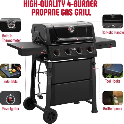 Miniatura 7 de Feasto Parrilla de barbacoa de gas de 4 quemadores con mesas laterales, parrilla de propano para exteriores de 36,000 BTU con cuerpo de cámara
