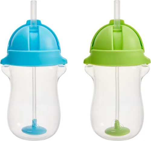 Munchkin Vasos de pajita con peso para niños pequeños con tapa de clic, 10 onzas, paquete de 2, azul/verde