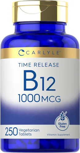 Vitamina B12 1000 mcg | 250 unidades | Tabletas de liberación de tiempo | Suplemento vegetariano, sin OMG y sin gluten | por Carlyle