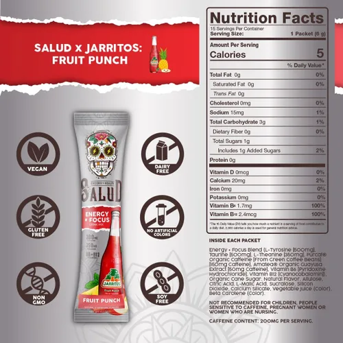 Miniatura 4 de Salud x Jarritos - Bebida energética 2 en 1 en polvo + concentración, ponche de frutas, cafeína orgánica, B6 + B12, teanina, paquetes de bebida