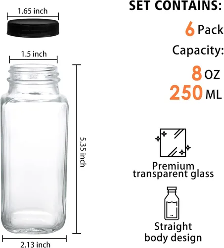 Miniatura 2 de Paquete de 6 botellas de vidrio de 8 onzas, botellas de agua cuadradas de vidrio de 8.5 fl oz con tapas, tarros vacíos reutilizables con etiquetas