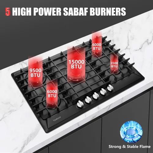 Miniatura 2 de Cocina de gas de 30 pulgadas, estufa de gas integrada de 5 quemadores de acero inoxidable, estufa de gas convertible a propano/gas natural, estufa