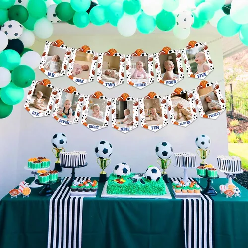 Miniatura 6 de Sursurprise Decoraciones deportivas de primer cumpleaños, pancarta mensual de fotos para niños, suministros de fiesta de primer cumpleaños