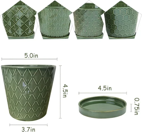 Miniatura 2 de Macetas de cerámica EFISPSS, macetas de 5 pulgadas con agujeros de drenaje y bandeja de cerámica, diseño en relieve para plantas de flores, set