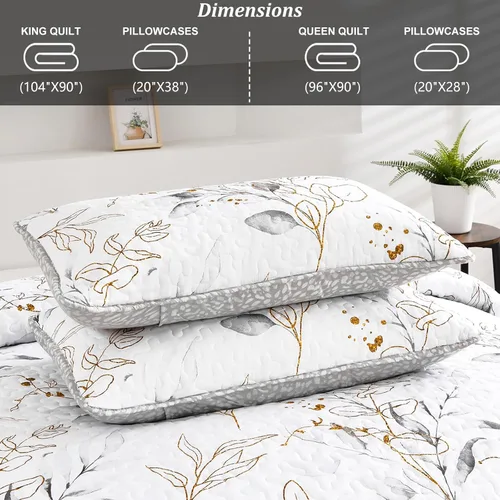 Miniatura 6 de Anibedding Juego de Edredón Gris King, 3 Piezas Reversible Elegante Patrón de Hojas Botánicas Grises Cubrecama Colcha Microfibra Suave Cubierta