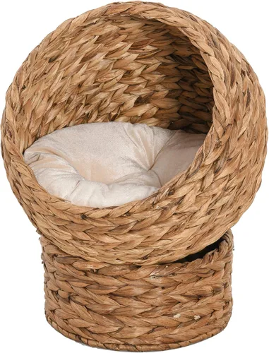 Miniatura 10 de PawHut Cama elevada tejida a mano para gatos con cojín suave y forma de silla de huevo, cama de cesta con soporte, casa de mimbre elevada para gatos