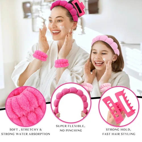 Miniatura 3 de Wecoe Juego de diadema y pulsera para el cuidado de la piel para el cuidado de la piel, pinzas para cabello grueso, esponja hinchada con burbujas