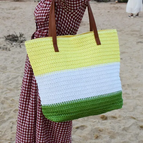 Miniatura 31 de Bolso grande de paja para mujer, tejido de ratán, bolso de playa de verano, a rayas