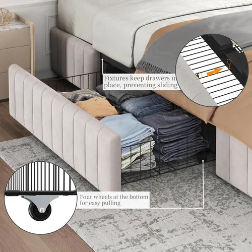 Miniatura 5 de Yaheetech Bastidor de cama completo con plataforma tapizada con 3 cajones de almacenamiento, gran espacio de almacenamiento/Listones de madera