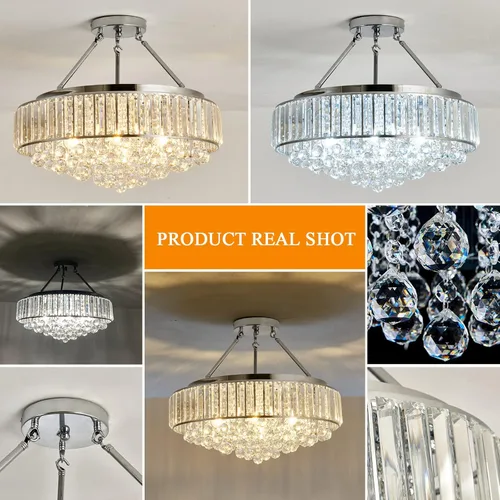 Miniatura 5 de YYJLX Lámpara de araña de cristal redonda grande moderna de 6 luces, cromada, de montaje semiempotrado, lámpara de techo E26 para comedor, sala