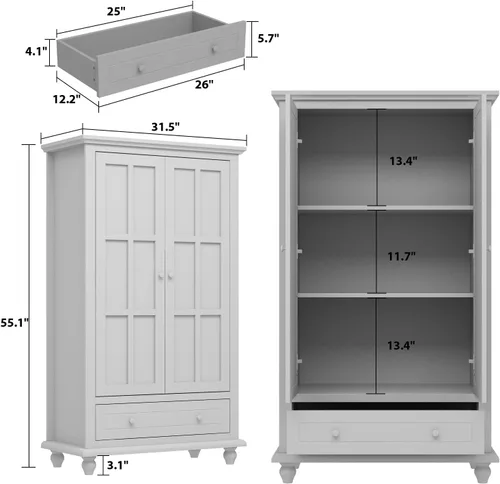 Miniatura 2 de Estantería alta blanca con puertas de cristal, vitrina de madera con estante y cajón ajustables de 3 niveles, armario de despensa para oficina