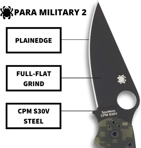 Miniatura 3 de Spyderco Para Military 2 Signature - Cuchillo de camuflaje con hoja de acero negro CPM S30V de 3.42 pulgadas y mango G-10 duradero, borde liso