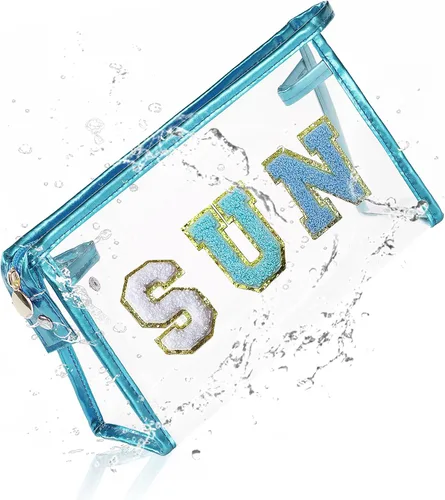 Miniatura 20 de COSHAYSOO Bolsa de Maquillaje Transparente con Protección Solar, Bolsa de Protector Solar con Parches de Letras, Accesorios Esenciales de Playa