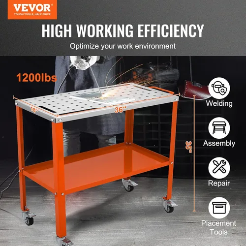 Miniatura 2 de VEVOR Mesa de soldadura de 36 x 18 pulgadas, capacidad de carga de 1200 libras, mesa de trabajo de soldadura de acero con ruedas, banco de trabajo