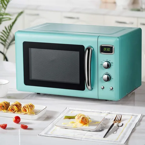 Miniatura 5 de SIMOE Horno microondas retro 0.9 pies cúbicos, 900W Compacto de encimera con 5 niveles de microondas y 8 funciones de cocción automática, bloqueo