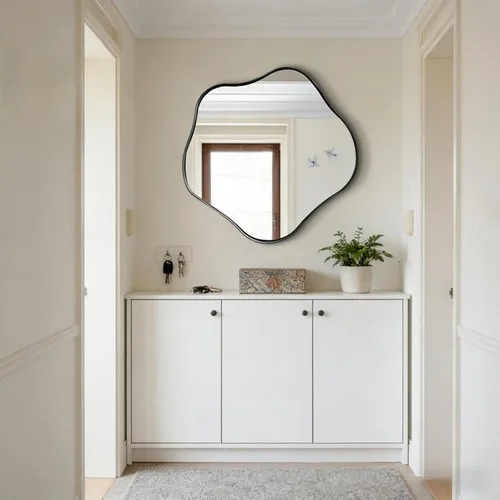 Miniatura 18 de Espejo redondo irregular, espejo festoneado de 16 pulgadas para sobre el fregadero, espejos de pared asimétricos decorativos, modernos espejos