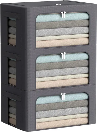 Miniatura 19 de Paquete de 3 cajas de almacenamiento con marco, bolsas de almacenamiento de ropa, tela Oxford, plegable, apilable, juego organizador con ventana
