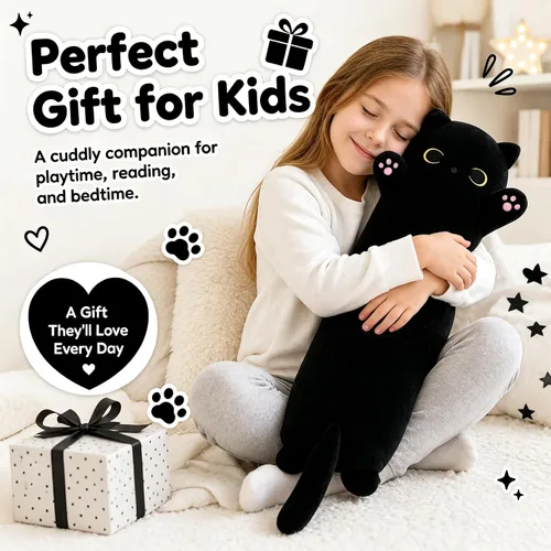 Miniatura 5 de Almohada de gato de felpa suave, almohada larga de juguete de animal de peluche para gatito, regalo para niños, novia (50CM, negro)