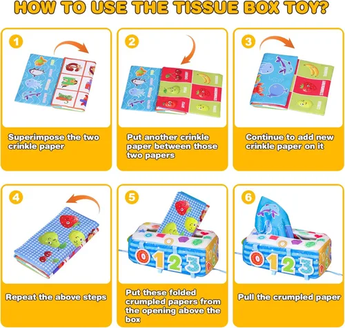 Miniatura 7 de Caja de pañuelos para bebé, caja de pañuelos Montessori suave, juguetes para bebés de 6 a 12 meses, bufandas de seda sensoriales de papel arrugado
