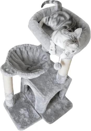Miniatura 4 de Pesofer - Árbol para gatos, torre pequeña para gatos con poste de rascar de sisal y hamaca, gris claro