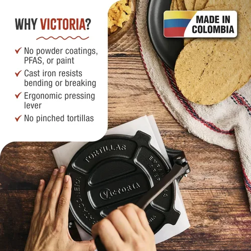 Miniatura 2 de Victoria Prensa de tortilla de hierro fundido, máquina de tortilla y roti, fabricada en Colombia, 6.5 pulgadas