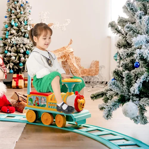 Miniatura 9 de GLACER Tren de paseo con 16 pistas para niños, juguete eléctrico con luces y sonidos, caja de almacenamiento debajo del asiento y pedales Azul