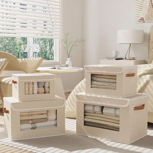 Miniatura 2 de Cajas de almacenamiento plegables con tapas, organizadores de armario de lino, contenedores de almacenamiento de 10.2 x 7.8 x 6.7 pulgadas para Beige