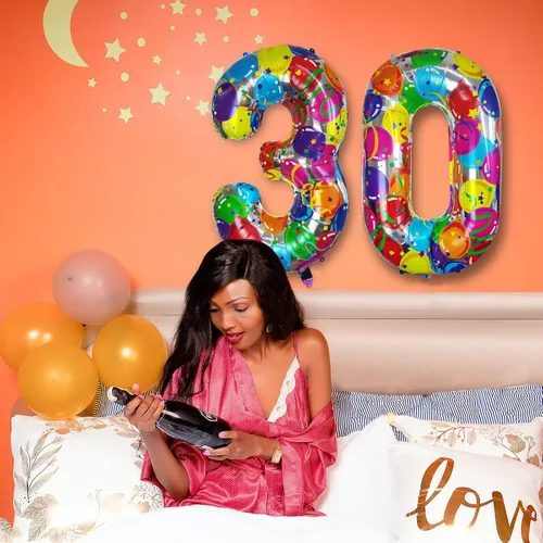 Miniatura 5 de Globos del número 0, globos arcoíris cero para decoraciones de cumpleaños de 10, 40 pulgadas, globos de neón grandes números 20, globos iridiscentes