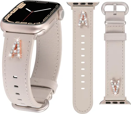 Miniatura 11 de W-RARA Correas de cuero compatibles con Apple Watch Band de 38/40/41/42/44/45/46/1.929 in para mujer, elegante correa de cuero elegante con dijes