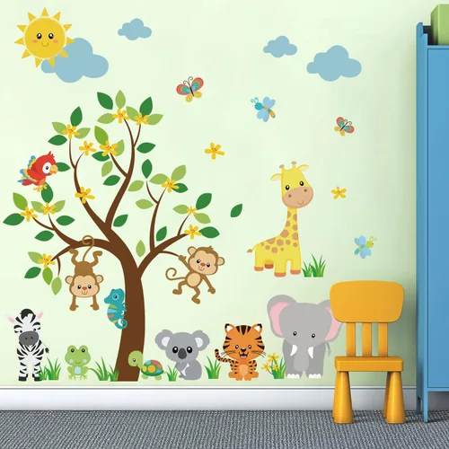 Miniatura 3 de Supzone Calcomanías de pared de animales de selva, diseño de mono, árbol, elefante, jirafa, tigre, calcomanía de pared para niños, niñas, niños