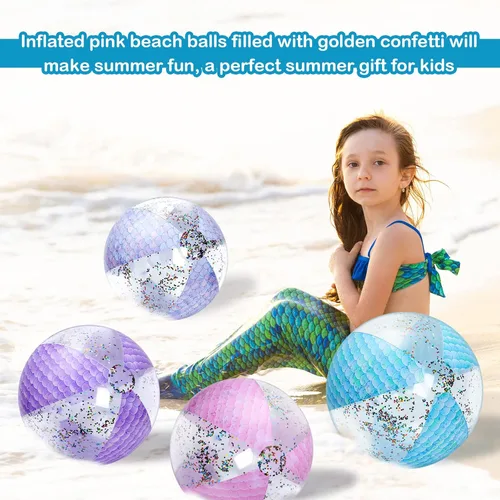 Miniatura 4 de Honoson Bola de playa de sirena de 16 pulgadas, bola de playa inflable gigante con purpurina, bola de playa con purpurina, regalos de fiesta