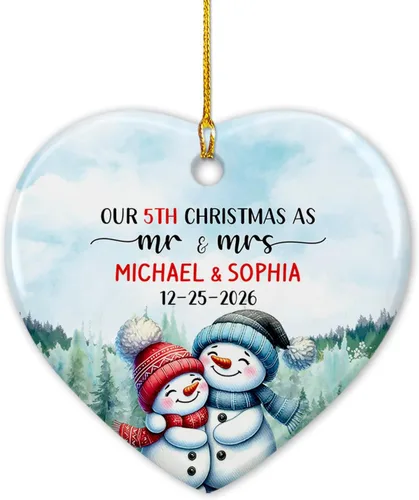 Miniatura 7 de Nuestro adorno de cerámica casado de 2ª Navidad, regalo personalizado de adorno de boda de oso polar, regalo de adorno de boda, Mr Mrs Married