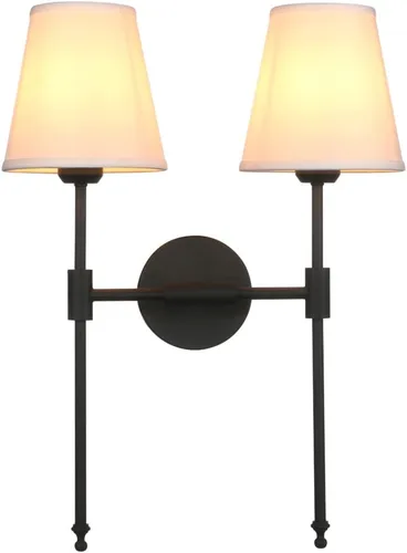 Miniatura 10 de PERMO Lámpara de pared doble clásica cromada 2 luces con pantalla de tela blanca acampanada para montaje en pared rústico