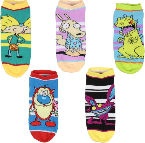 Nickelodeon 90's Cartoons Raptor and Stimpy Striped Mix and Match - Paquete de 5 calcetines tobilleros para adultos, talla única, Varios colores