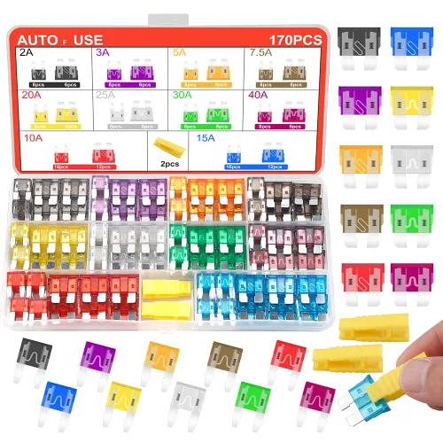 Kit surtido de fusibles de automóvil, 168 piezas de fusibles de hoja de tamaño estándar y mini (2A 3A 5A 7.5A 10A 15A 20A 25A 30A 40A) con